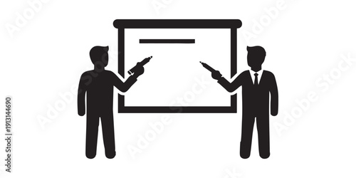 Partners writing shared goals board icon, flat black and white, minimal vector, silhouette, isolated, simple design, centered composition