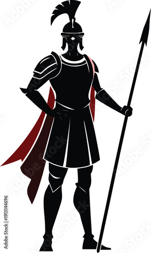 A stylized silhouette depicts a roman soldier in full armor holding a spear and appearing resolute high quality