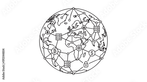 Global cryptocurrency network illustration showing worldwide connections and transactions with various digital currency symbols and security icons.