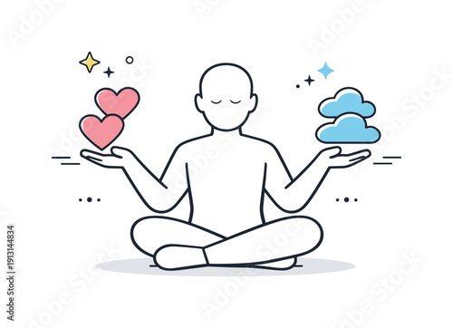 Abstract emotional labor concept. Simplified human figure balancing emotion symbols like hearts and clouds. Quiet strength, self-regulation,