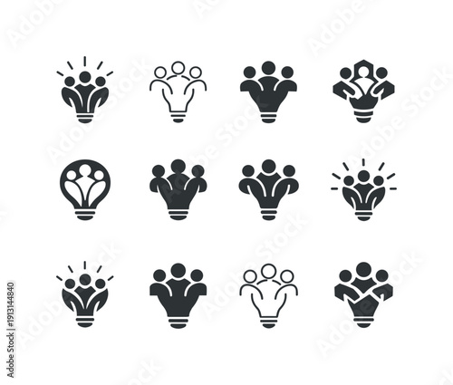 People working together in teams. Icon set. Set Logo of people working together in teams: collaborative idea bulb symbol. harmonious logo