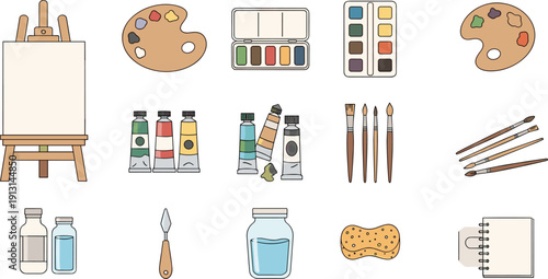 Minimal art supplies icon set with easel, watercolor palettes, paint tubes, brushes, jar and sketchbook