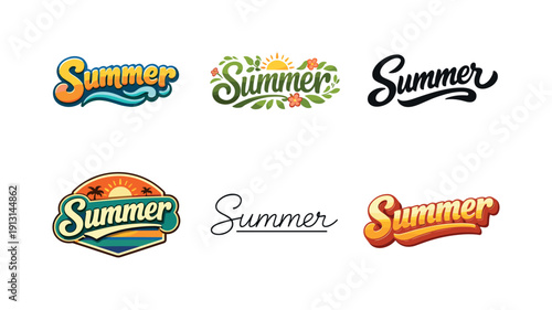 Summer. Set lettering. harmonious lettering variations of the same emblematic concept, each with different artistic interpretation (Rounded