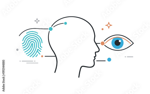 Future biometric technology. Abstract human profile combined with fingerprint and eye icons, gently connected by lines. The illustration