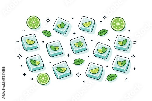 Mint lime ice cubes flat lay. Top view of ice cubes scattered neatly with mint leaves and lime slices around. The mood is clean, organized,