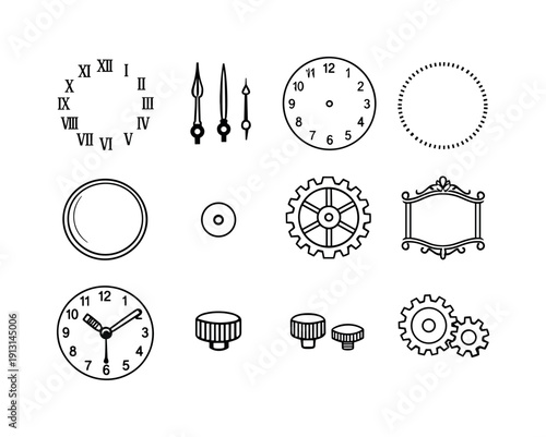 Clock face elements. Line icon set of Clock face elements: roman numerals, clock hands, ticking second hand, -hour dial, minute markers,