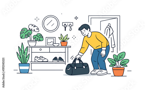 Incorporating plants in entryways for a welcoming feel. Person arriving home, gently setting down a bag next to a plant-filled entry space.