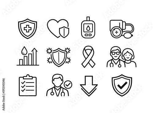 Disease prevention. Line icon set of disease prevention: medical shield, heart protection, diabetes control, blood pressure gauge,