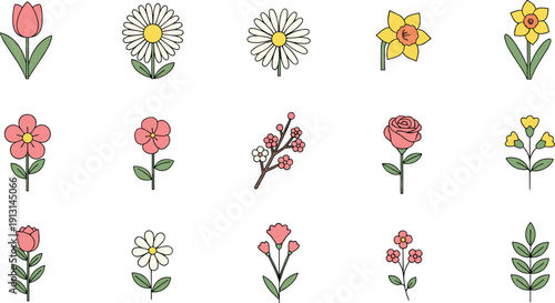 Cute spring flower icons set with tulip daisy rose and blossom illustration