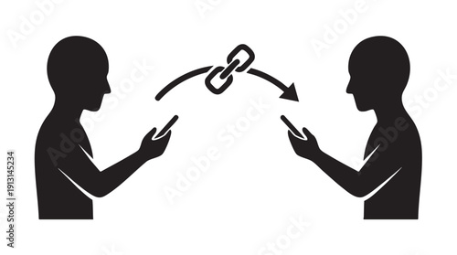 Two people exchanging a digital link through their mobile devices in a simple graphic illustration