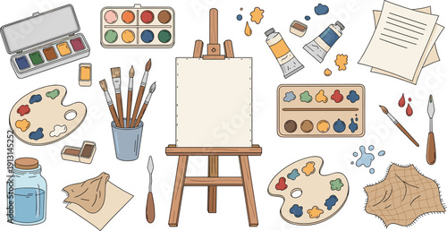Watercolor painting supplies set with easel canvas, palettes, brushes, paint tubes, jar and paper sheets