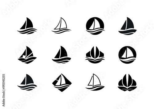 Sailing Logo Variations. open-sea sailing trips. Icon set. Set Logo of open-sea sailing trips: sail and wind symbol. harmonious logo variations of the same
