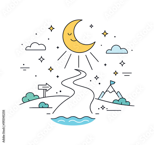 Celestial guidance. The moon acting as a guiding element above a simple path, stars and lines suggesting intuition and direction. Serene,