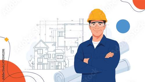 Professional architect in a yellow hard hat and safety glasses standing confidently in front of technical house blueprints and plans.