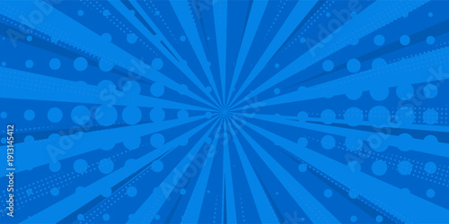 Pop art comic blue background with halftone, rays, gradient. Vector cartoon illustration in retro style. Design for comic book, poster, banner