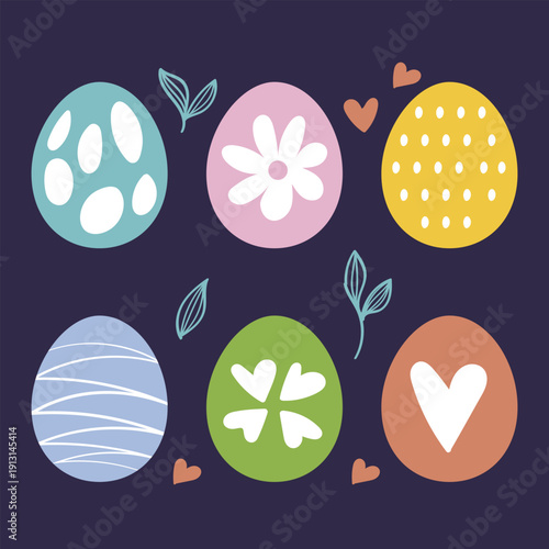 Happy Easter Day Decorated Eggs and Hearts Elements Set.Vector Illustration