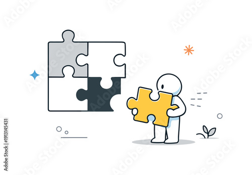 Underutilized talent abstract. A bright puzzle piece held by a small figure not fitting into the surrounding pattern. The illustration