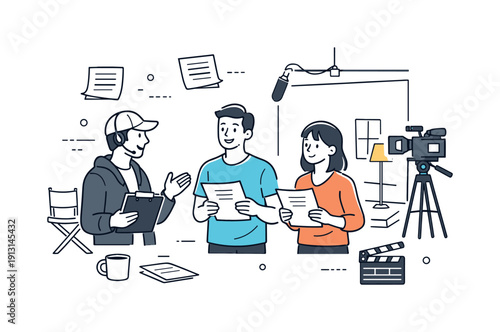 Behind-the-scenes of sitcoms. Director discussing a scene with actors holding scripts near a studio backdrop. Calm collaboration and creative