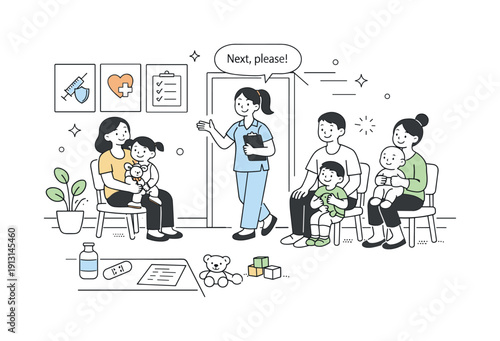 Calm Clinic Waiting Room. Childhood vaccinations. Clinic waiting room with families, posters showing simple health icons and schedules. Calm everyday