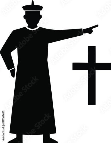 A stark black silhouette depicts a figure in religious garb pointing towards a prominent cross high quality professional