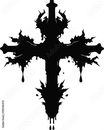 A striking black silhouette of a christian cross with dripping textured edges and a gothic aesthetic high quality