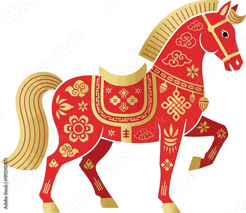 Vibrant red and gold Chinese zodiac horse illustration, adorned with intricate traditional patterns, symbolizing good fortune, strength, and prosperity for Lunar New Year