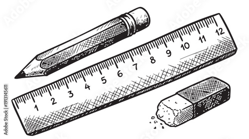 Illustration of a ruler pencil and eraser on a white background symbolizing school supplies and education
