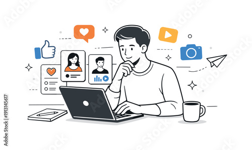 Influencer marketing strategies. A marketer reviews influencer profiles and content metrics on a laptop, planning collaborations. Calm