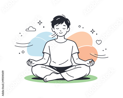 Mindfulness and meditation. A person sits calmly in a simple cross-legged pose with eyes closed. Peaceful inner focus with gentle breathing