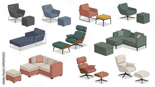 Stylish Lounge Chairs with Footstools Plan View Furniture CAD Vector Pack for Interior Floor Plans