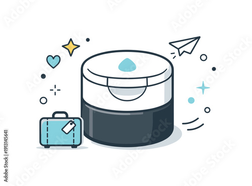 Travel-size shampoo cap. Compact bottle cap designed to prevent leaks, sense of reliability and care. Small suitcase icon and soft symbols