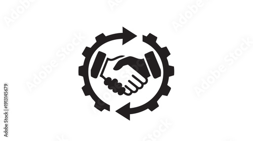 Business partnership and collaboration symbolized by handshake icon surrounded by a gear and circular arrows representing teamwork and cooperation.