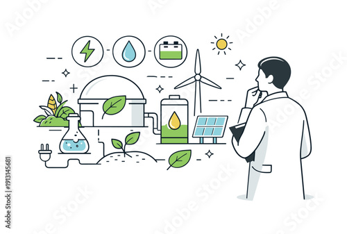 Future bioenergy solutions. Scientist or engineer observing biological energy sources integrated with simple technology icons. Calm, hopeful