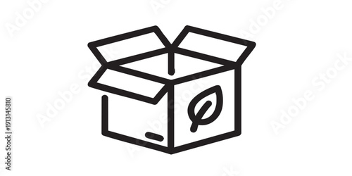 Eco packaging box icon, flat black and white, minimal vector, isolated, simple design, sustainable symbol