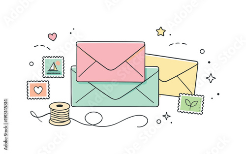 Envelope pastel colors. A minimal postal scene with pastel envelopes, stamps, and a string, evoking soft nostalgia and gentle connection.