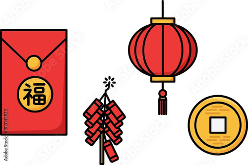 Chinese New Year Icons Red Envelope, Firecrackers, Lantern, and Gold Coin - Festive Celebration Elements