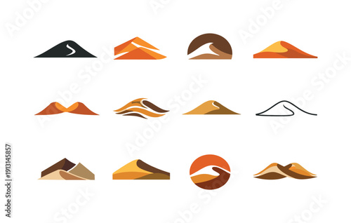 Desert dunes. Icon set. Set Logo of desert dunes: wind-shaped dune crest. harmonious logo variations of the same emblematic concept, each