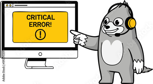 Cartoon wolf with headset pointing to computer error screen