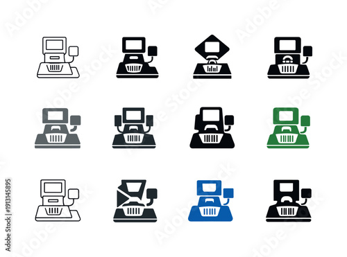 Self-checkout. Icon set. Set Logo of self-checkout: barcode scanner terminal. harmonious logo variations of the same emblematic concept, each
