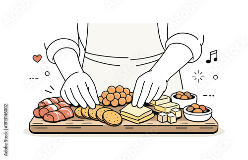 A person preparing a charcuterie board with a variety of meats and cheeses. Close-up of hands placing crackers, grapes, and cheese slices