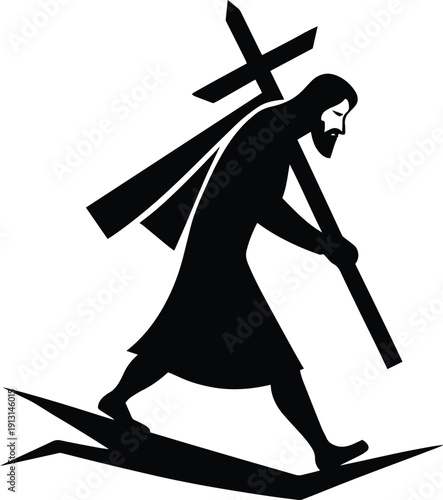 A silhouetted depiction of jesus christ carrying a large wooden cross on his back while walking high quality
