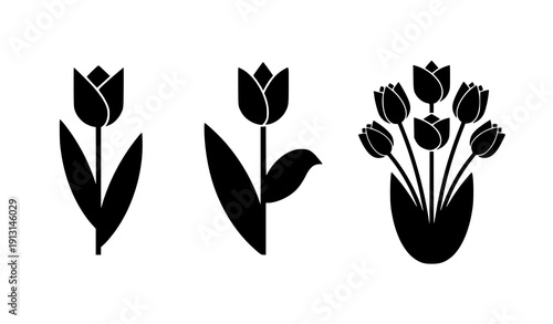 Modern tulip silhouette icon set vector minimalist black floral designs isolated on transparent background