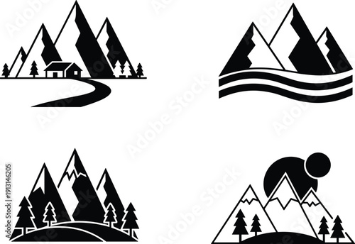 Mountain landscape logo collection, nature alpine peaks forest river house vector illustration isolated on white background
