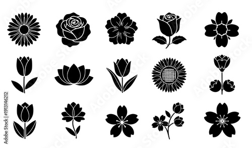 Black flower icon set vector floral silhouettes decorative elements isolated on transparent background