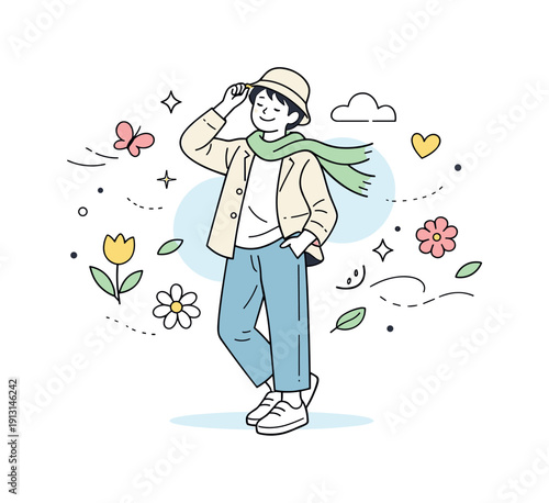 Spring fashion style. A person wearing light layered clothing, enjoying mild spring weather with relaxed posture. Fresh seasonal mood with