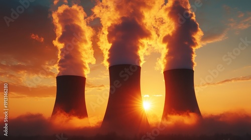 Three cooling towers releasing steam against a vibrant sunset, representing the juxtaposition of industry and nature in a striking visual display of modern life.