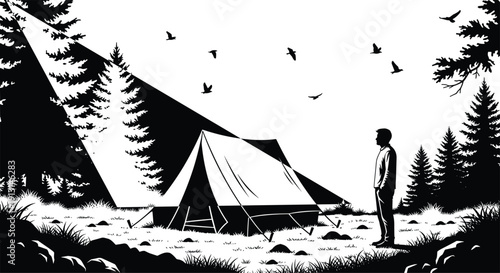 Camping tent in forest silhouette, man standing near campsite with trees and birds vector illustration isolated background
