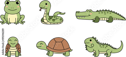 Cute reptile and amphibian icon set with frog, snake, crocodile, turtle, tortoise and lizardCute reptile and amphibian icon set with frog, snake, crocodile, turtle, tortoise and lizard
