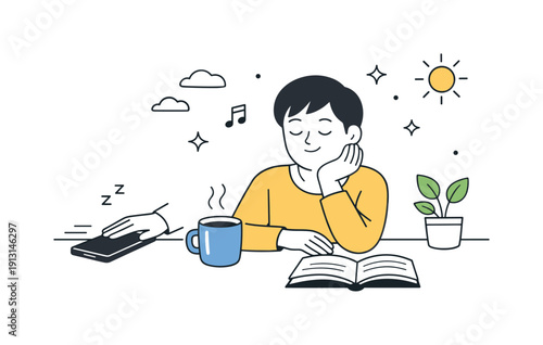 Digital detox moment. A person puts a phone aside while enjoying a quiet pause. Clean editorial metaphor for reducing mental overload.