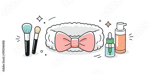 Minimalist Beauty Essentials. Beauty accessory close-up. A cosmetic headband neatly laid out with brushes and bottles nearby, highlighting texture